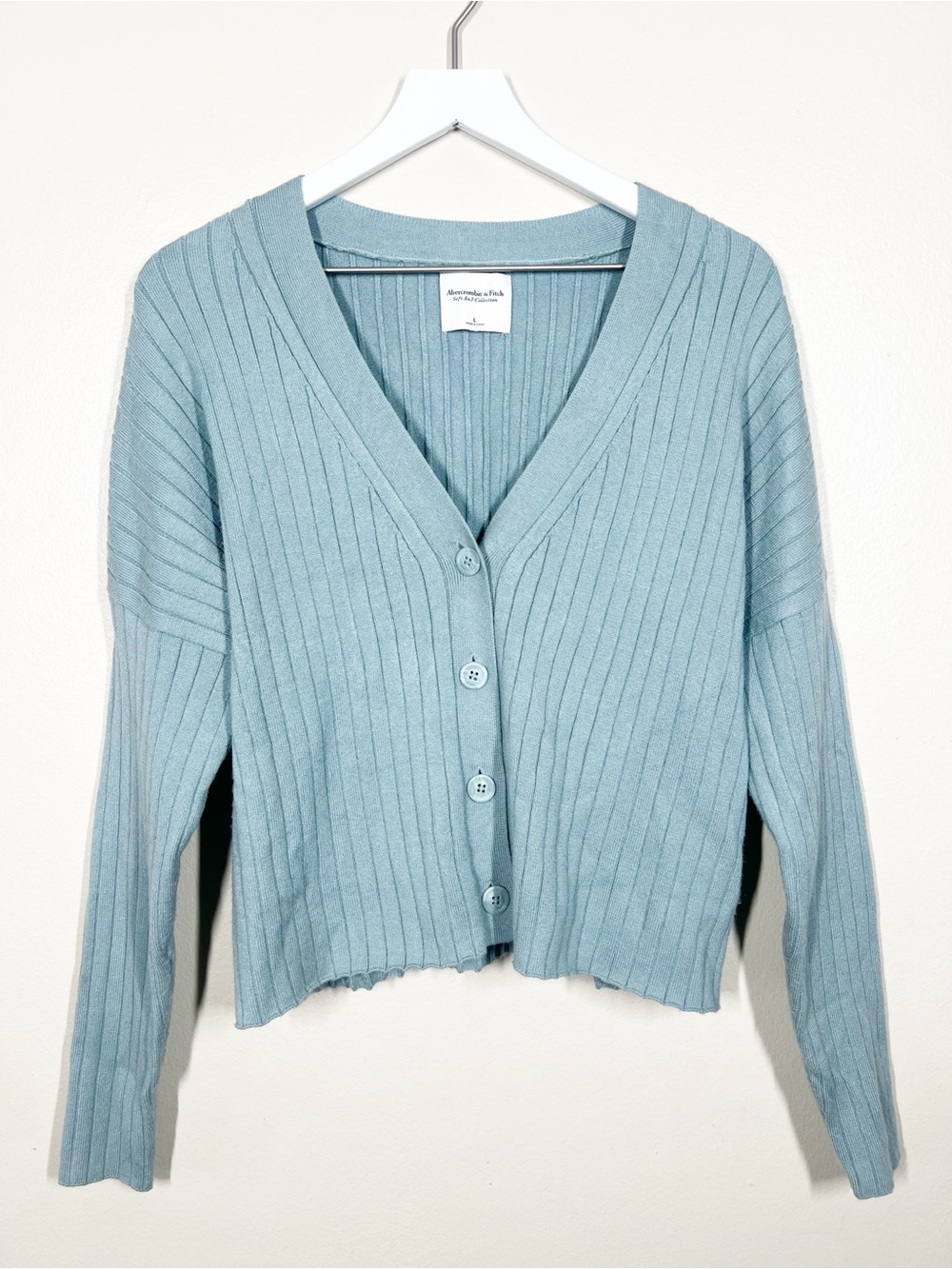 Abercrombie & Fitch Light Blue Green Ribbed V-Neck Button Cardigan Size Large